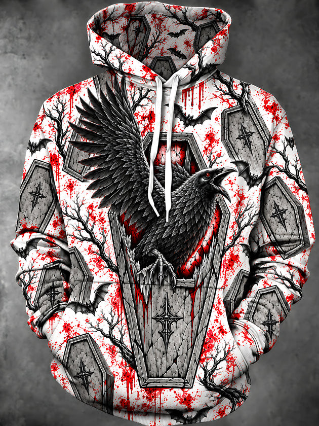Adaychic Men's Graphic Halloween Crow And Coffins Print Long Sleeve Hoodie