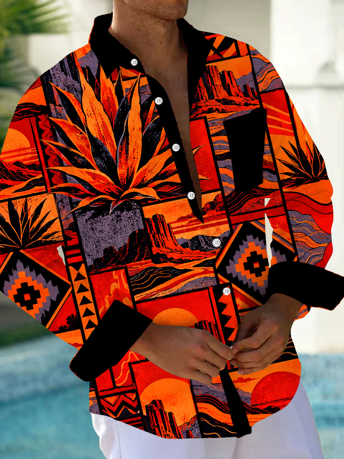 Adaychic Men's Desert Landscape With Agave Plants Print Long Sleeve Shirt with Chest Pocket