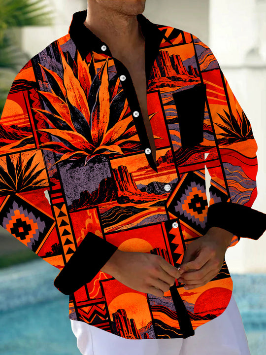 Adaychic Men's Desert Landscape With Agave Plants Print Long Sleeve Shirt with Chest Pocket