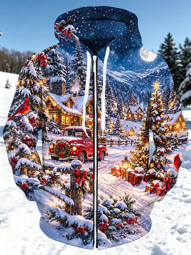 Adaychic Men's Long Sleeve Zip-Up Hoodie - Christmas Snow Village With Red Truck And Cardinals Print