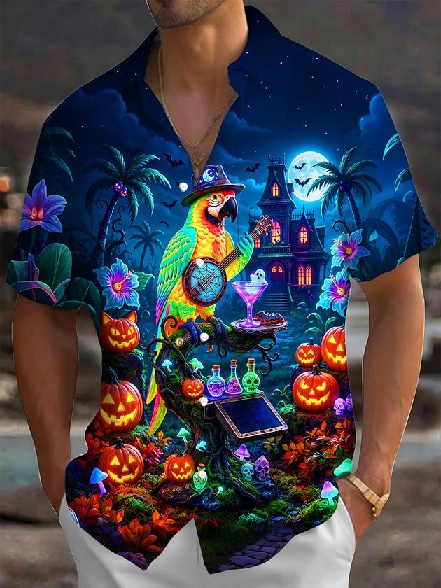 Adaychic Men's Short Sleeve Shirt - Halloween Parrot Playing Banjo And Pumpkins Print with Chest Pocket