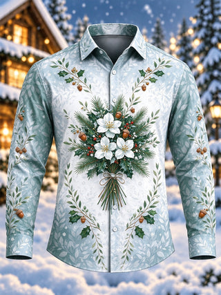 Adaychic Men's Long Sleeve Shirt - Christmas Floral Bouquet With Holly And Acorns Print with Chest Pocket