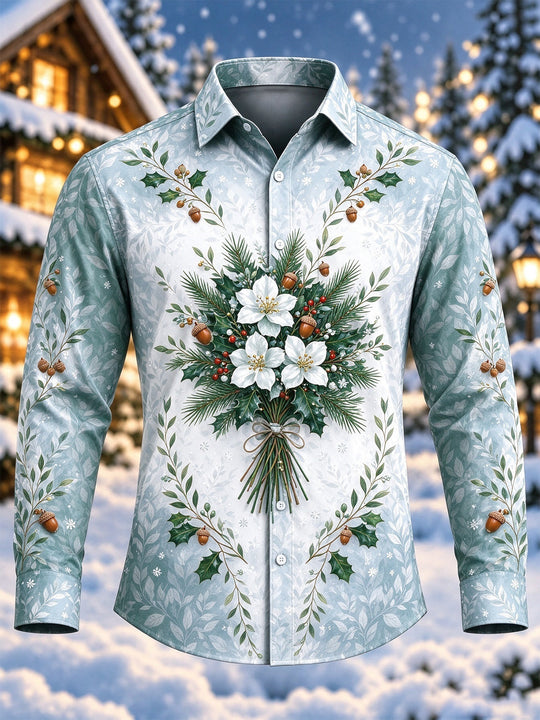 Adaychic Men's Long Sleeve Shirt - Christmas Floral Bouquet With Holly And Acorns Print with Chest Pocket