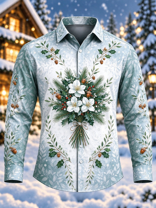 Adaychic Men's Long Sleeve Shirt - Christmas Floral Bouquet With Holly And Acorns Print with Chest Pocket