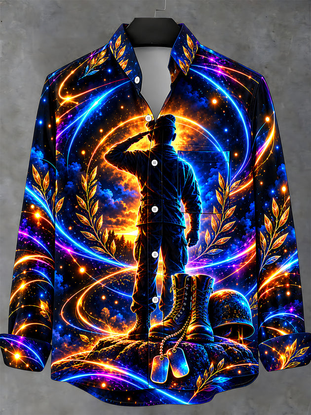 Adaychic Men's Long Sleeve Stand Collar Shirt - Veterans Day Soldier Saluting With Boots And Dog Tags Print