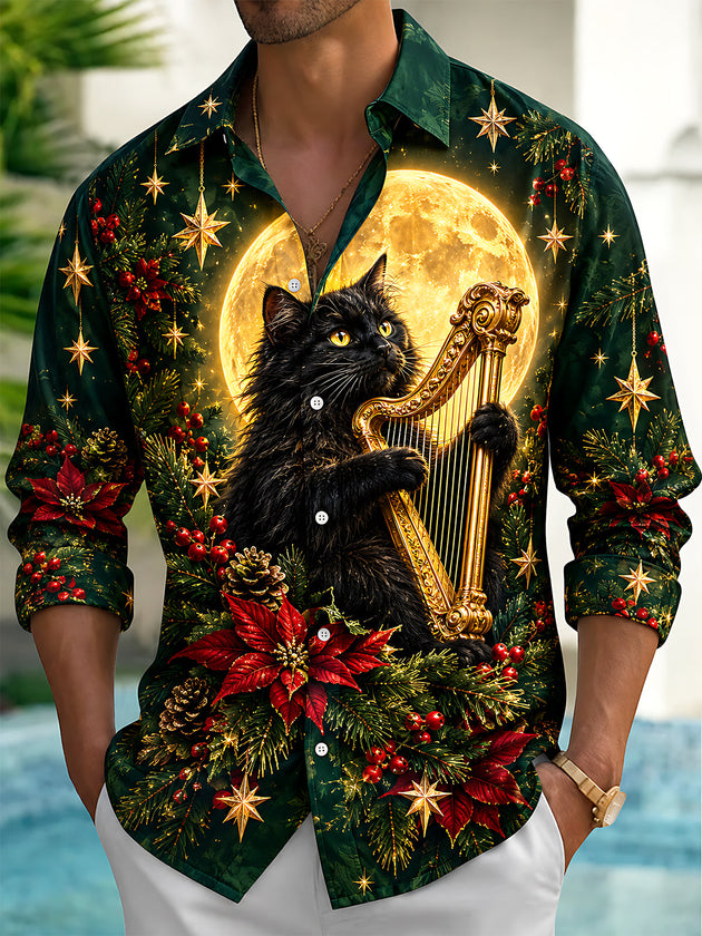 Adaychic Men's Long Sleeve Shirt - Black Cat Playing Harp With Christmas Elements Print with Chest Pocket