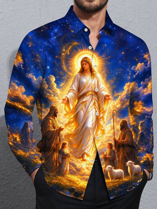 Adaychic Men's Angelic Figure With Shepherds And Sheep Print Long Sleeve Shirt with Chest Pocket