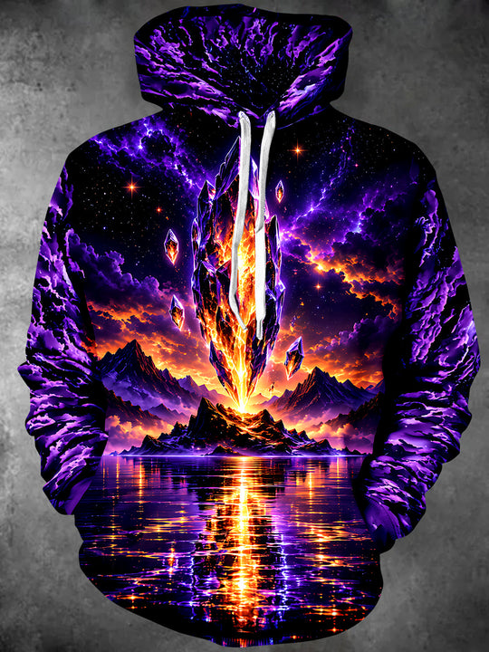 Adaychic Men's Crystal Volcano Eruption Over Lake Print Long Sleeve Hoodie