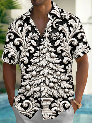Adaychic Men's Christmas Tree With Ornaments And Star Print Short Sleeve Shirt with Chest Pocket