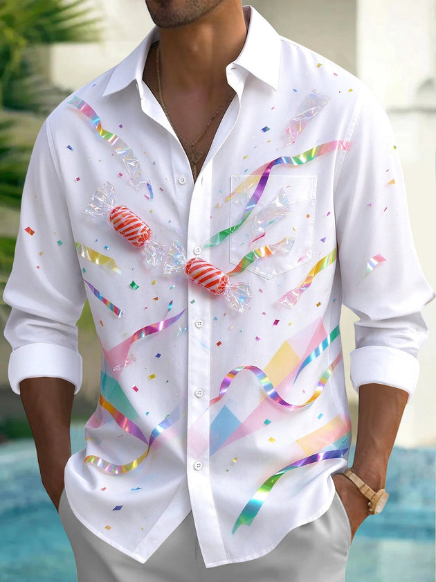 Adaychic Men's Printed Candy And Confetti Print Long Sleeve Shirt with Chest Pocket