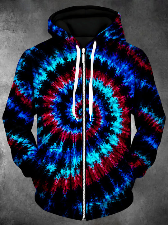 Adaychic Men's Tie Dye Abstract Tie Dye Spiral Print Long Sleeve Zip-Up Hoodie