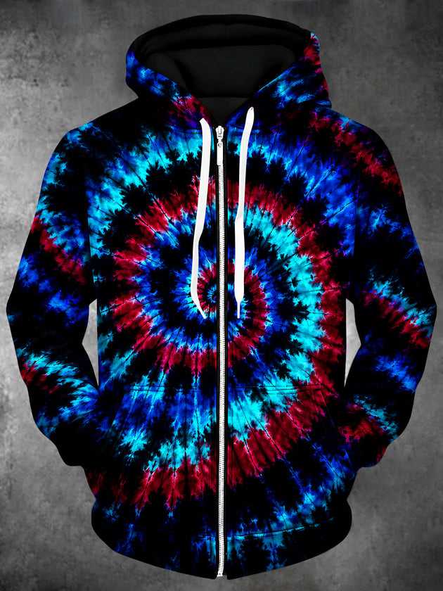 Adaychic Men's Tie Dye Abstract Tie Dye Spiral Print Long Sleeve Zip-Up Hoodie