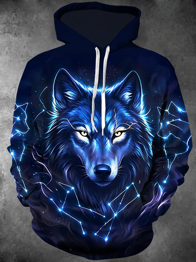 Adaychic Men's Blue Wolf With Constellation Lines Print Long Sleeve Hoodie