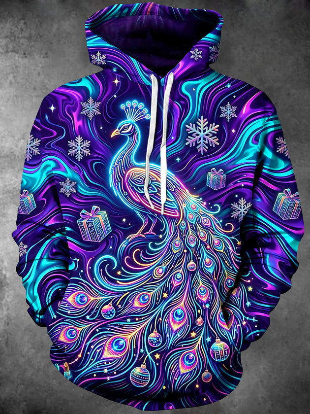 Adaychic Men's Long Sleeve Hoodie - Neon Peacock With Christmas Ornaments And Gifts Print
