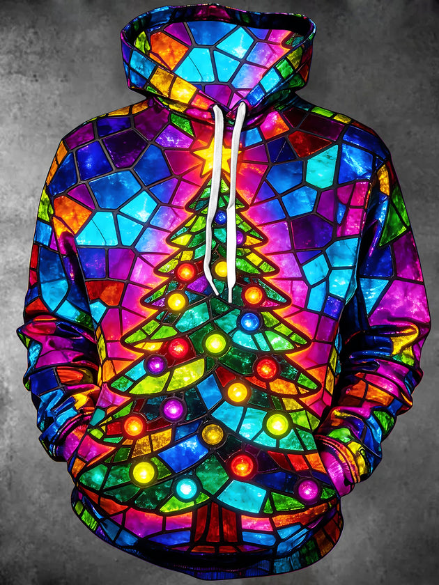 Adaychic Men's Long Sleeve Hoodie - Stained Glass Christmas Tree With Ornaments Print
