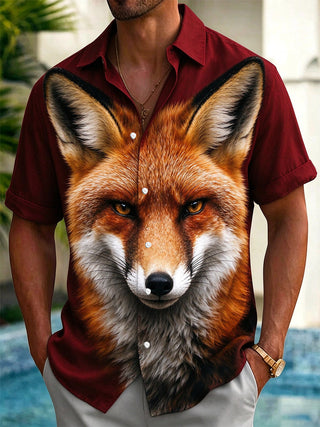 Adaychic Men's Graphic Fox Face Print Short Sleeve Shirt with Chest Pocket
