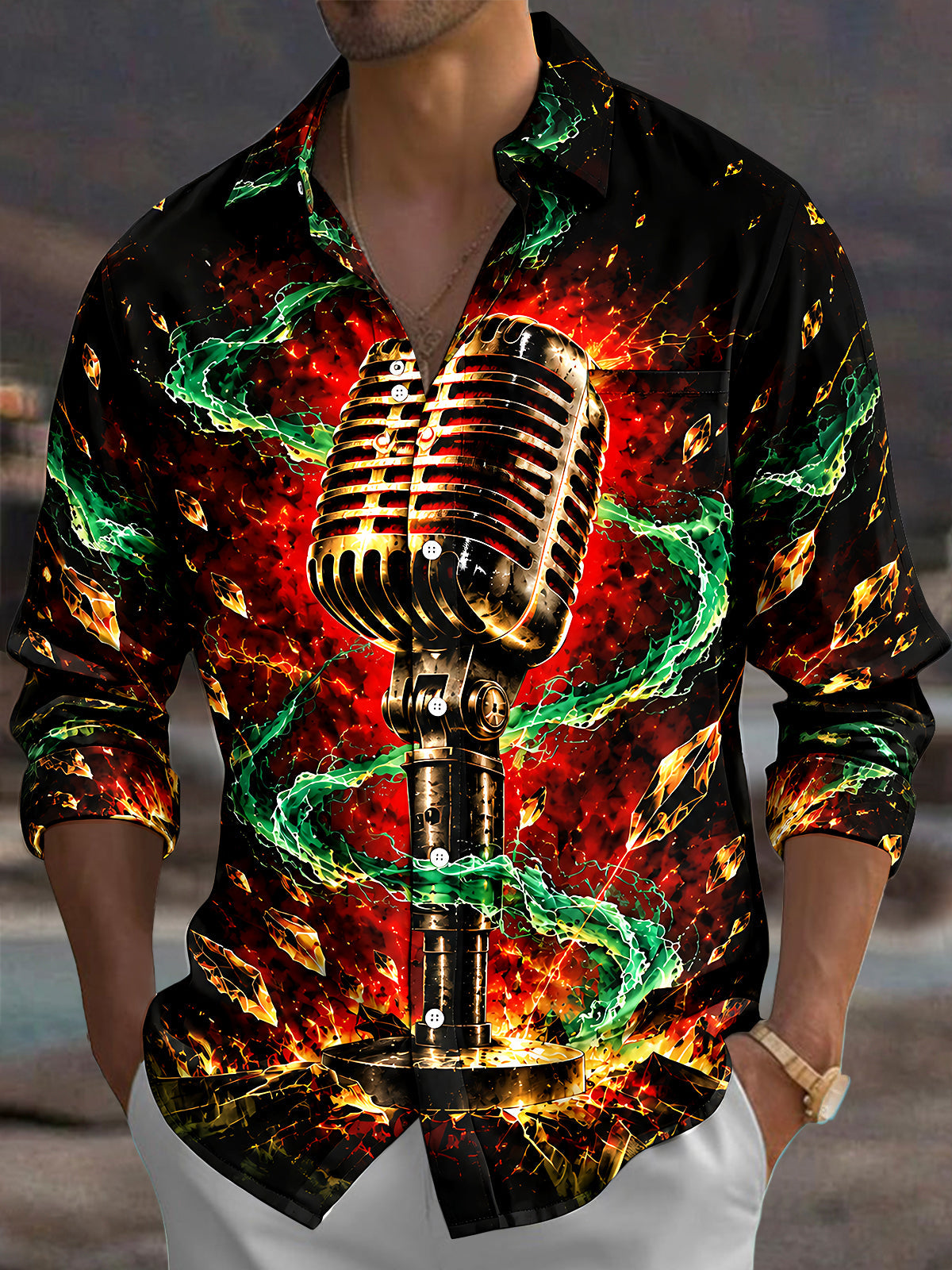 Adaychic Men's Long Sleeve Shirt - Vintage Microphone With Green Energy And Gold Crystals Print with Chest Pocket