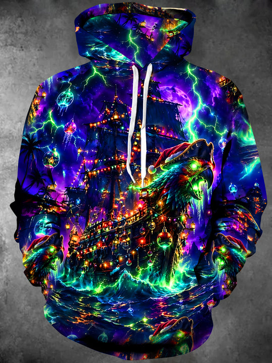 Adaychic Men's Christmas Pirate Ship And Parrot Print Long Sleeve Hoodie
