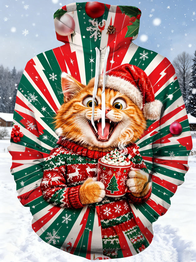 Adaychic Men's Christmas Cat In Sweater With Hot Cocoa Print Long Sleeve Hoodie