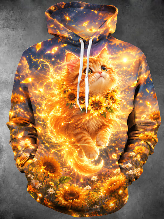 Adaychic Men's Graphic Golden Cat And Sunflowers Print Long Sleeve Hoodie