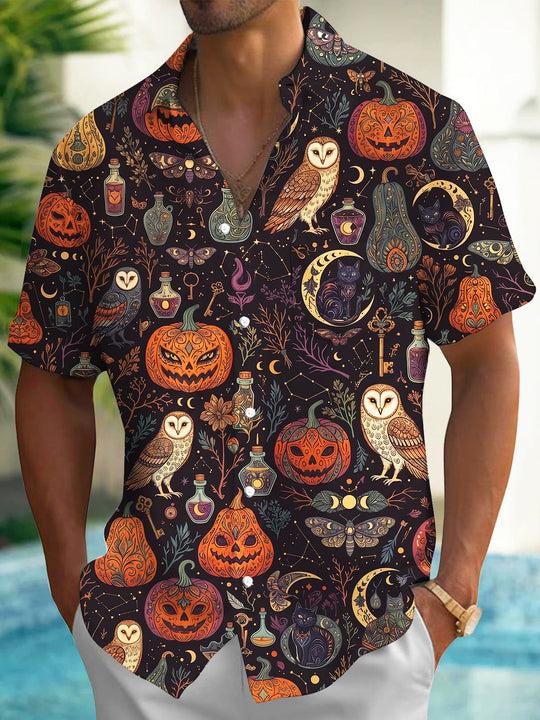 Adaychic Men's Halloween Owls Pumpkins And Cats Print Short Sleeve Shirt with Chest Pocket