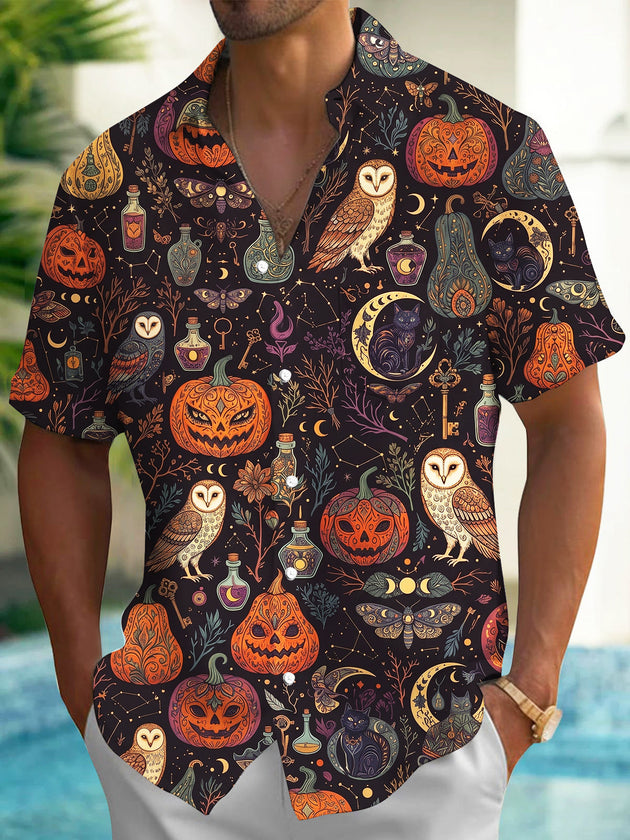 Adaychic Men's Halloween Owls Pumpkins And Cats Print Short Sleeve Shirt with Chest Pocket