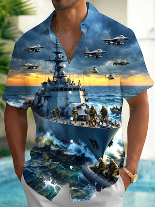 Adaychic Men's Navy Warship And Fighter Jets Print Short Sleeve Shirt with Chest Pocket