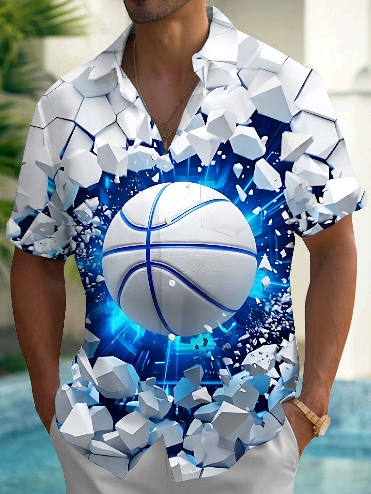 Adaychic Men's 3D Basketball Breaking Through Wall Print Short Sleeve Shirt with Chest Pocket
