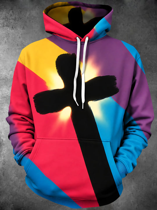 Adaychic Men's Long Sleeve Hoodie - Black Cross With Colorful Geometric Background Print
