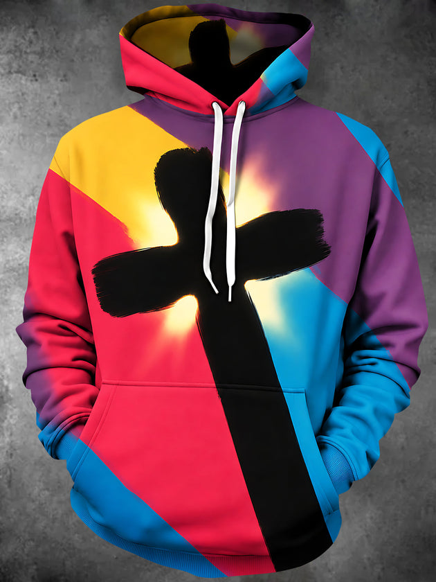 Adaychic Men's Long Sleeve Hoodie - Black Cross With Colorful Geometric Background Print
