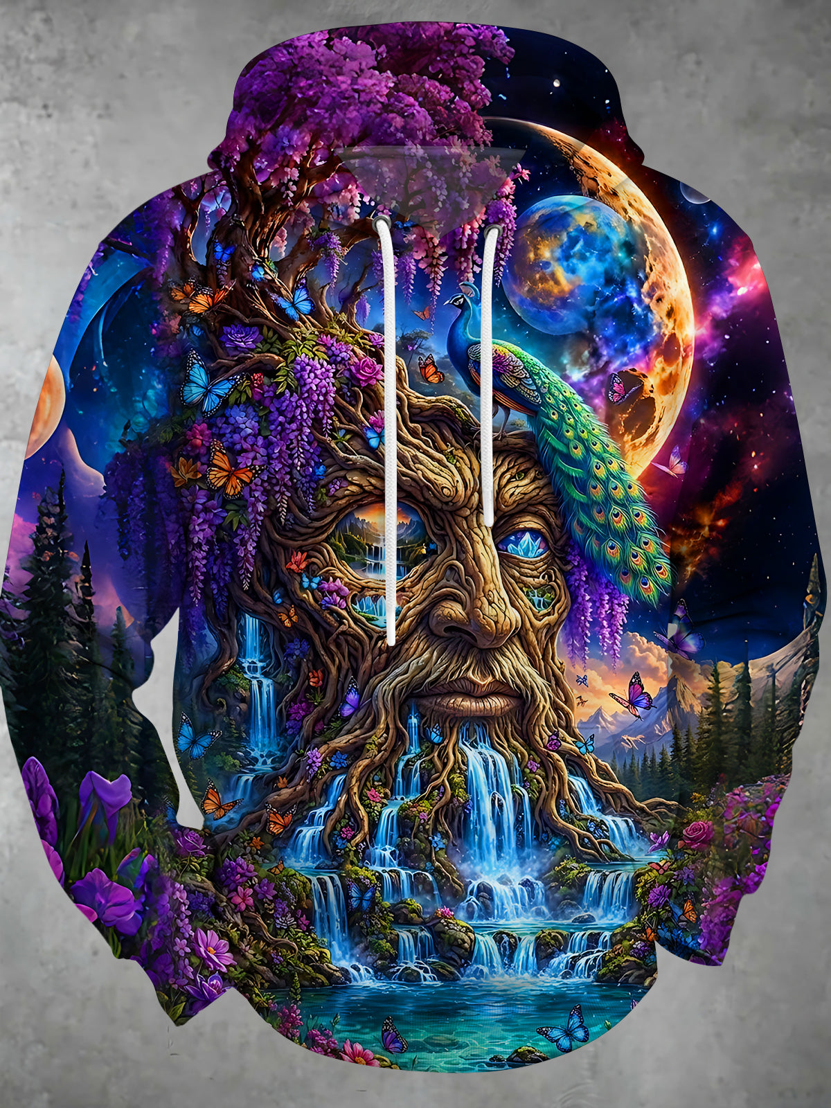 Adaychic Men's Long Sleeve Hoodie - Cosmic Tree Man With Peacock And Waterfall Print