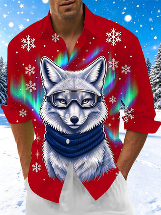 Adaychic Men's Arctic Fox With Goggles And Scarf Print Long Sleeve Shirt with Chest Pocket