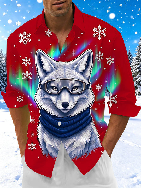 Adaychic Men's Arctic Fox With Goggles And Scarf Print Long Sleeve Shirt with Chest Pocket