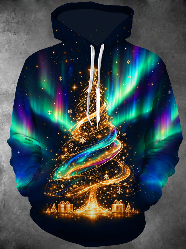 Adaychic Men's Long Sleeve Hoodie - Aurora Borealis And Golden Spiral Christmas Tree Print