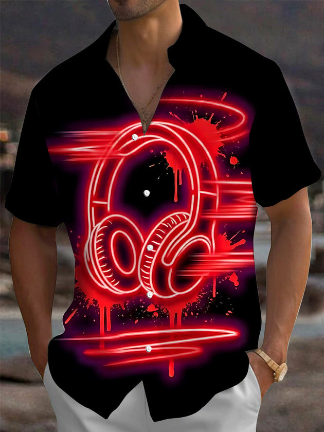 Adaychic Men's Graphic Neon Headphones Print Short Sleeve Shirt with Chest Pocket