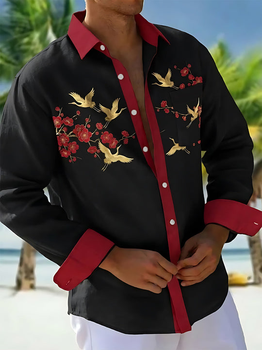 Adaychic Men's Printed Crane Birds And Plum Blossoms Print Long Sleeve Shirt with Chest Pocket