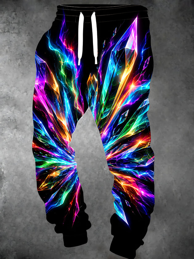 Adaychic Men's Abstract Colorful Crystal And Neon Light Fractures Print Pants