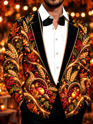 Adaychic Men's Long Sleeve Shirt - Thanksgiving Harvest Cornucopia With Wheat And Acorns Print with Chest Pocket