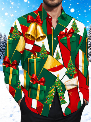 Adaychic Men's Christmas Trees And Gift Boxes Print Long Sleeve Shirt with Chest Pocket
