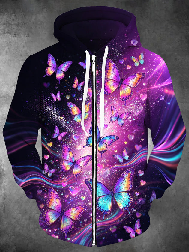 Adaychic Men's Colorful Butterflies And Hearts Print Long Sleeve Zip-Up Hoodie with Kangaroo Pocket