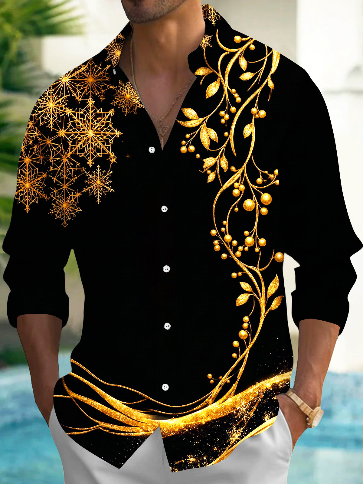 Adaychic Men's Printed Golden Branches And Snowflakes Print Long Sleeve Shirt with Chest Pocket