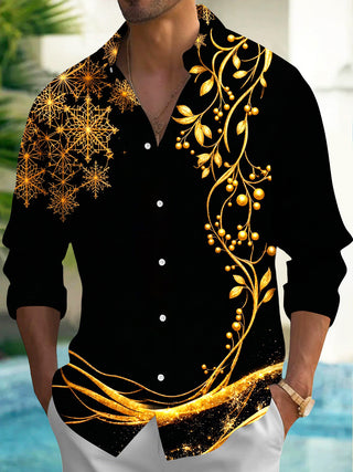 Adaychic Men's Printed Golden Branches And Snowflakes Print Long Sleeve Shirt with Chest Pocket