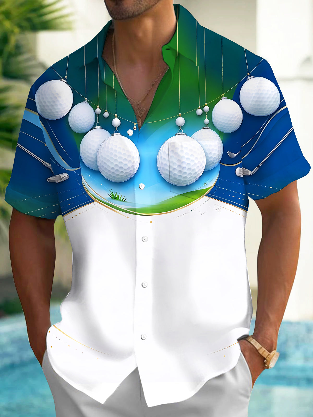 Adaychic Men's Printed Christmas Golf Ball Ornaments Print Short Sleeve Shirt with Chest Pocket