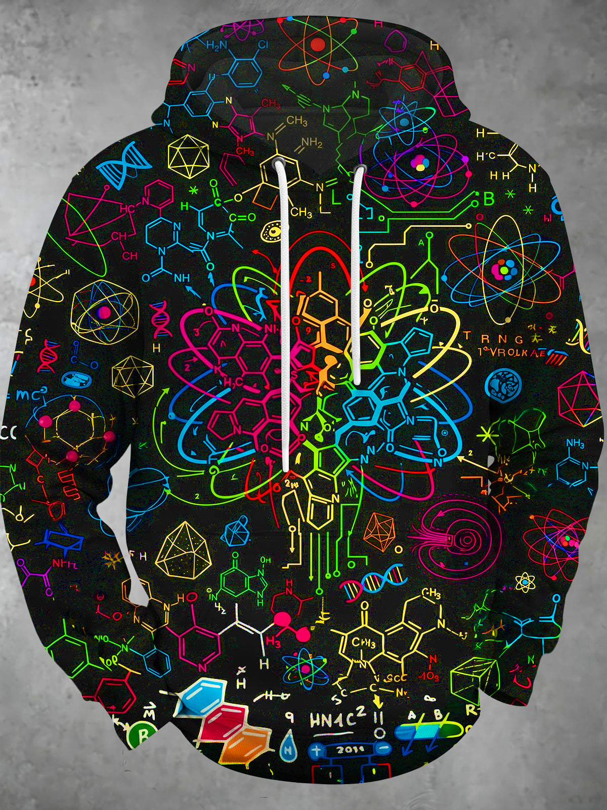 Adaychic Men's Long Sleeve Hoodie - Neon Chemical Formulas And Atomic Structures Print