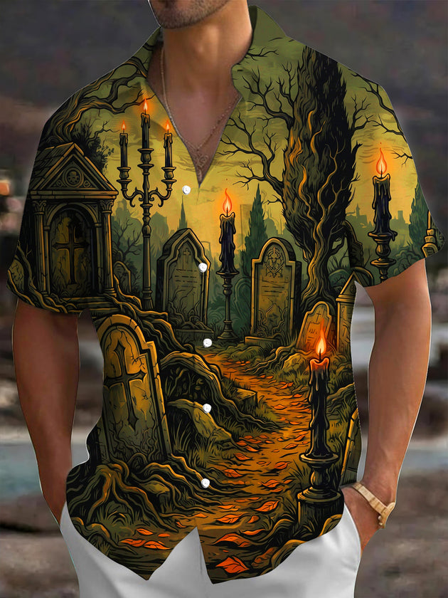 Adaychic Men's Short Sleeve Shirt - Halloween Gothic Graveyard With Candles And Tombstones Print with Chest Pocket