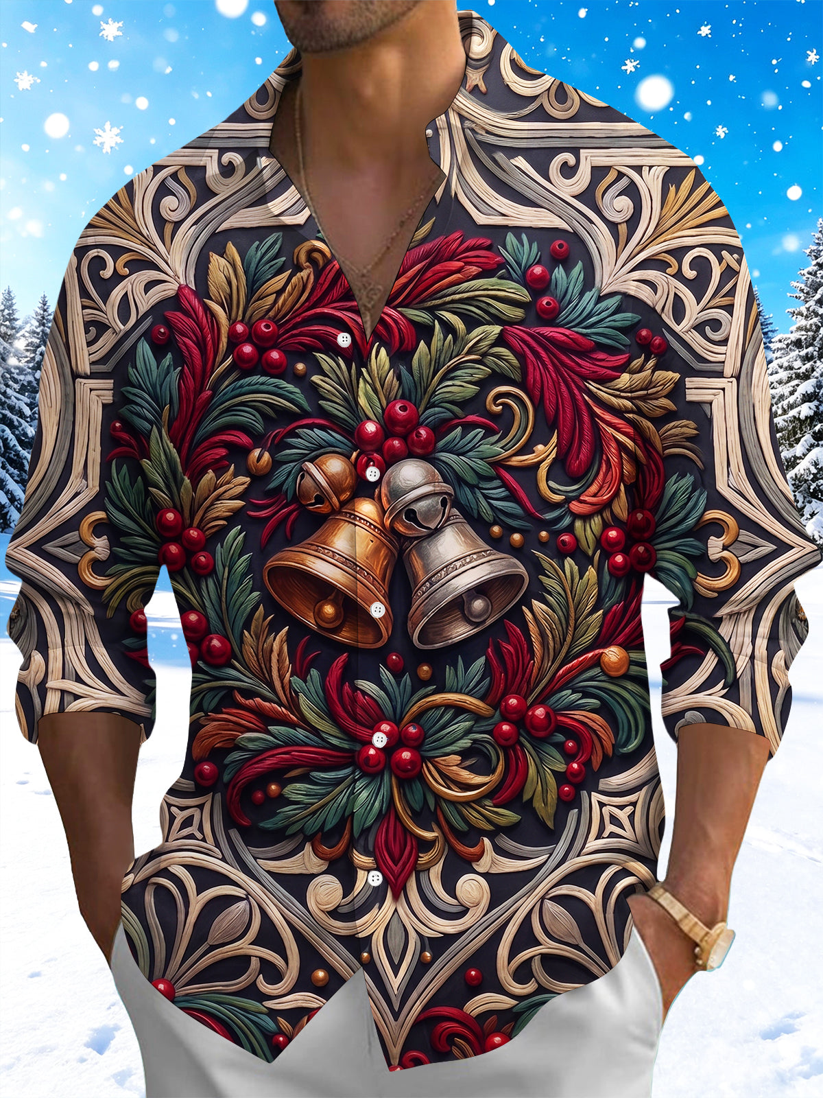 Adaychic Men's Printed Christmas Bells And Foliage Print Long Sleeve Shirt with Chest Pocket