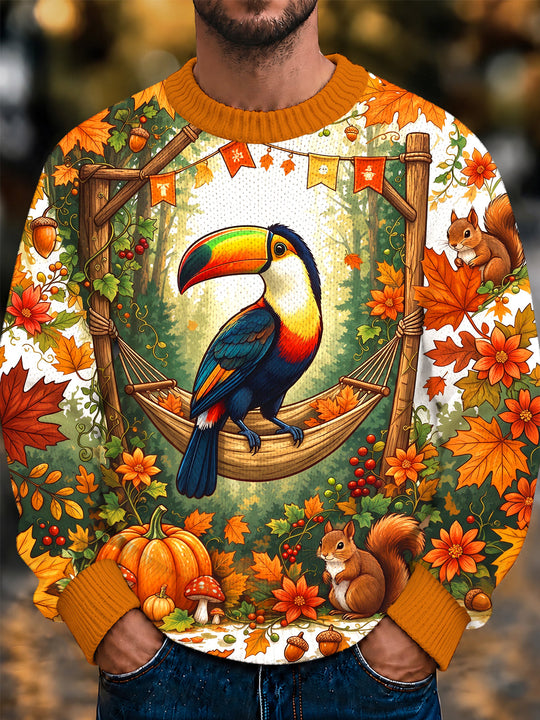 Adaychic Men's Long Sleeve Crew Neck Sweater - Toucan In Hammock With Squirrels And Autumn Leaves Print