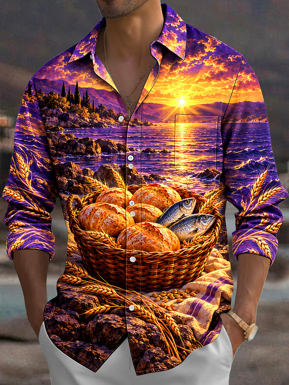 Adaychic Men's Basket Of Bread And Fish With Wheat Print Long Sleeve Shirt with Chest Pocket