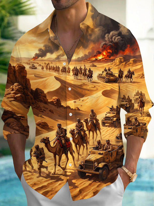 Adaychic Men's World War II Desert Military Scene Print Long Sleeve Shirt with Chest Pocket