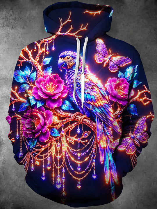 Adaychic Men's Graphic Neon Parrot And Butterflies Print Long Sleeve Hoodie